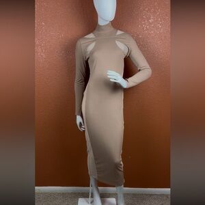 MISSGUIDED Sheer Mesh Asymmetric Neckline Long Sleeves Ruched Maxi Dress S8. E76